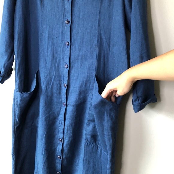 FLAX linen maxi button up dress long sleeve S blue - Picture 3 of 9